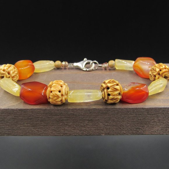 Jewelry - 8" Sterling Silver Carved Wood & Rough Citrine Stone Bracelet Vintage